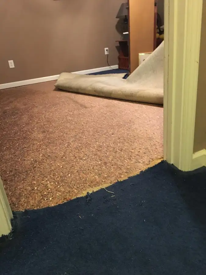 Carpet pad removal revealing water damage during Drying & Dehumidification in Barnegat
